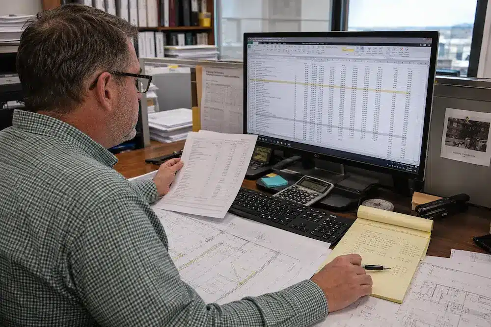 Estimator reviewing a construction bid estimate with software.