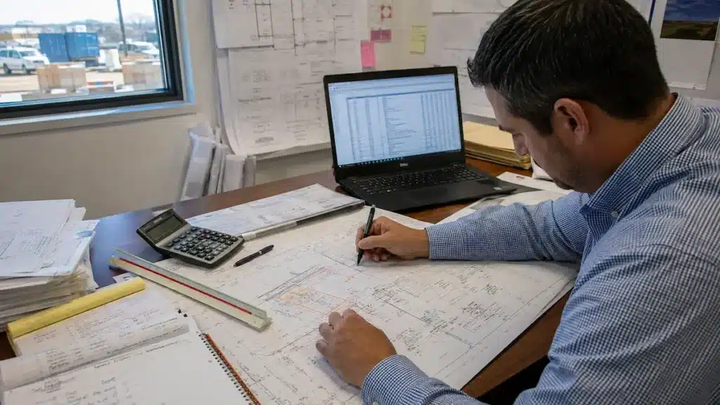 Construction estimator reviewing drawings and project costs