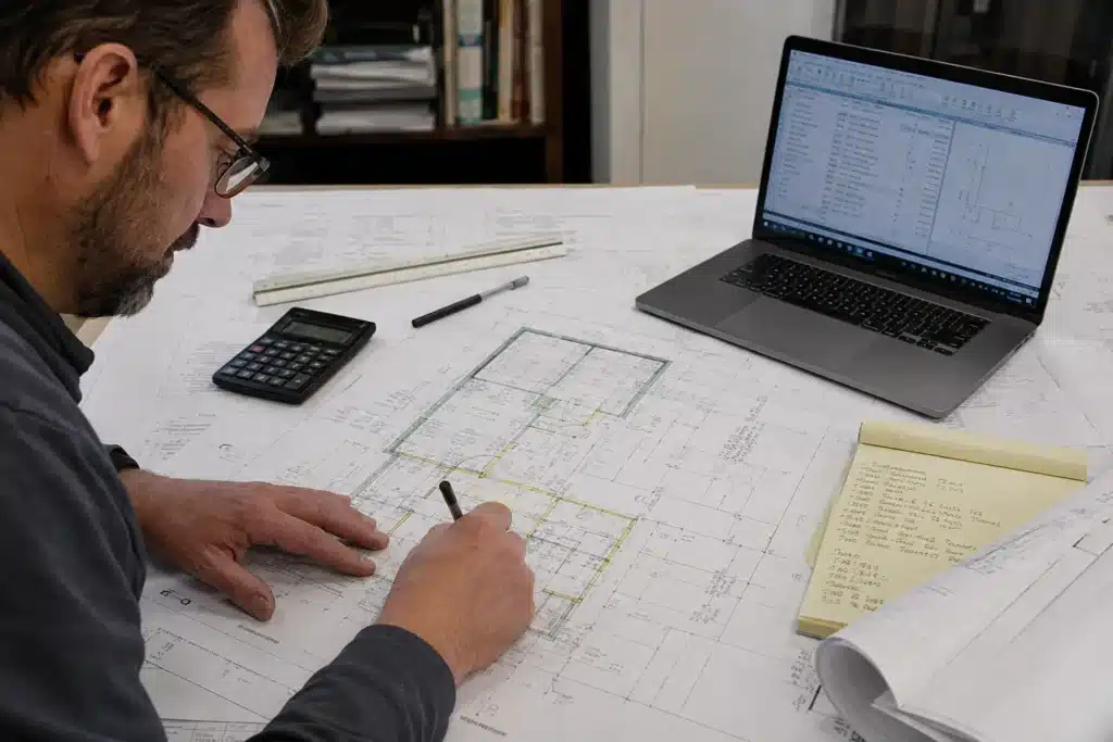 Construction estimator measuring quantities from a building floor plan.