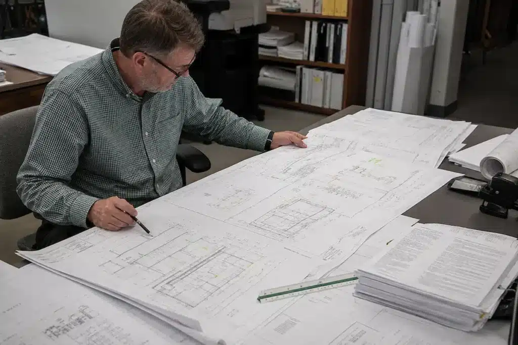 Estimator reviewing construction drawings and specifications.