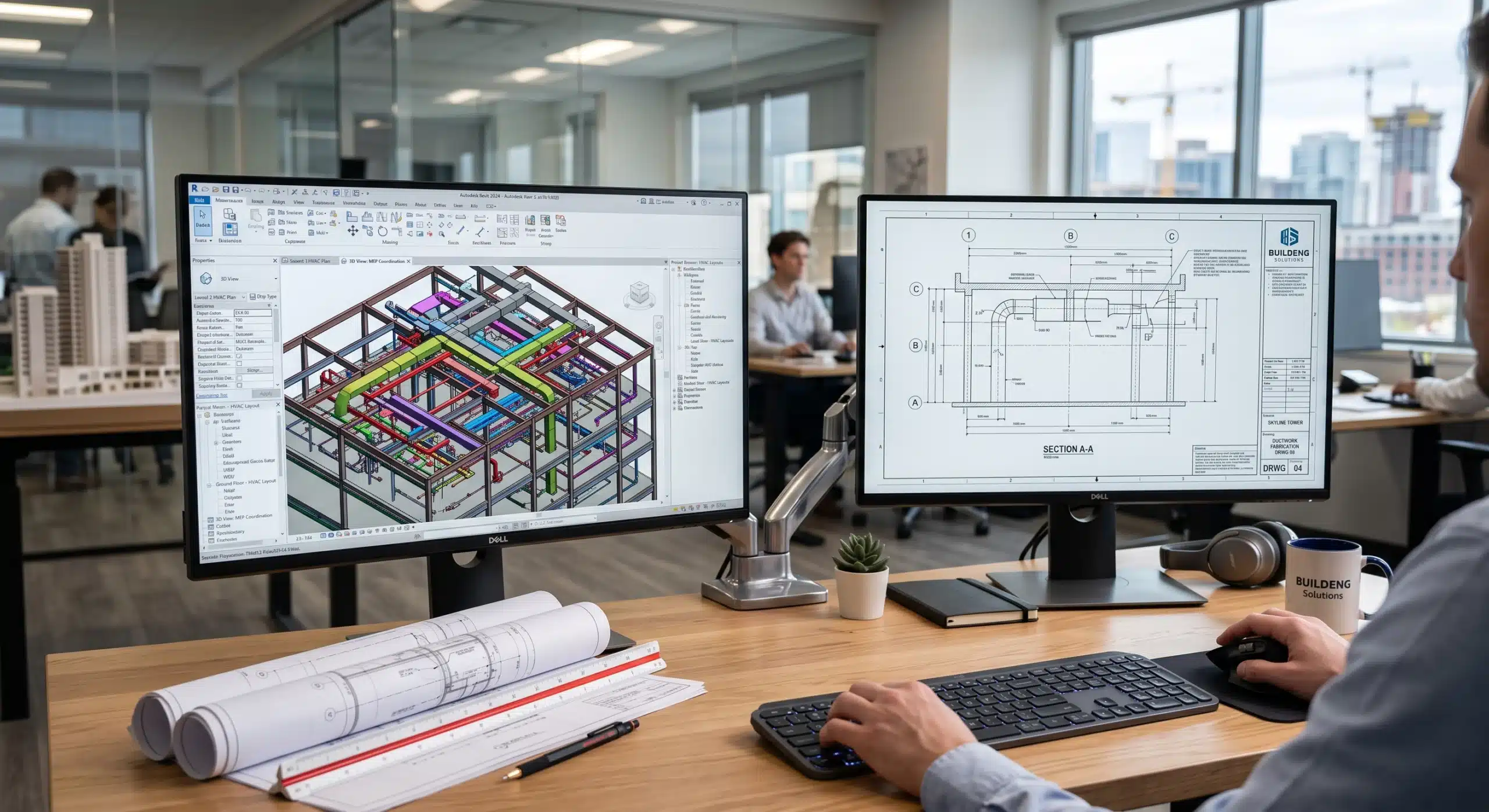 Design Estimation CAD and BIM Drafting Workstation showing 3D MEP Coordination and 2D Fabrication Drawings