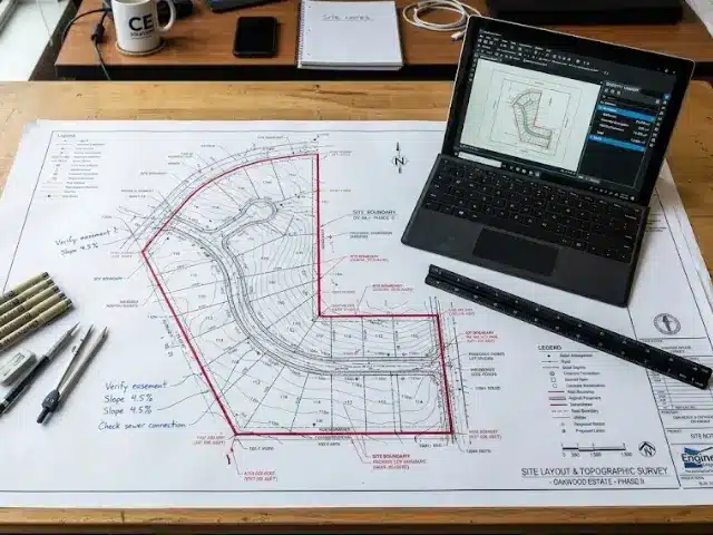 Survey drafting blueprints and digital quantity takeoff workflow for construction estimators